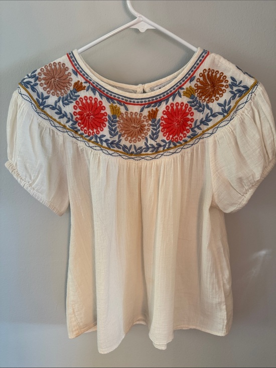 THML Tops - THML Cream Embroidered Puff-Sleeve Blouse with Red & Blue Floral Yoke